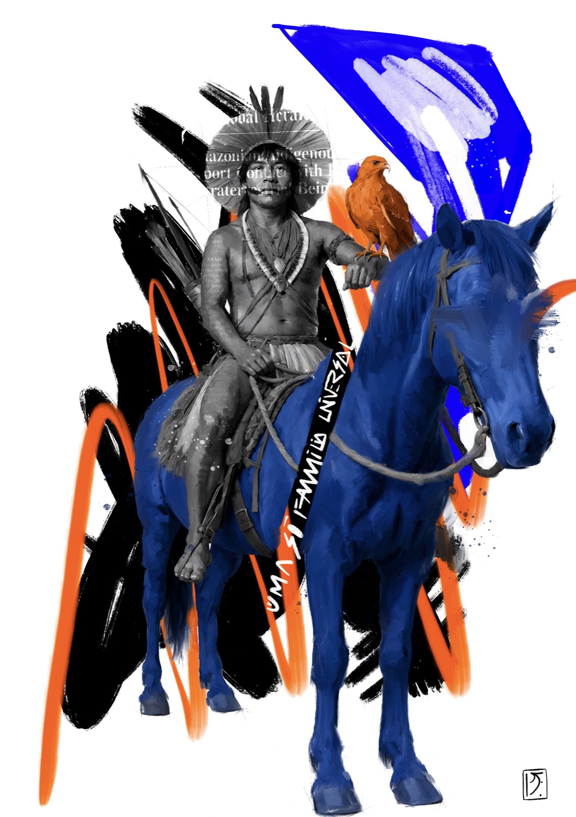Separações São Ilusões — homem indígena montado em um cavalo azul, com uma ave de rapina no braço, sobre traços pretos, laranja e azuis. Pedro do Futuro, série Futuro Ancestral, 2026.